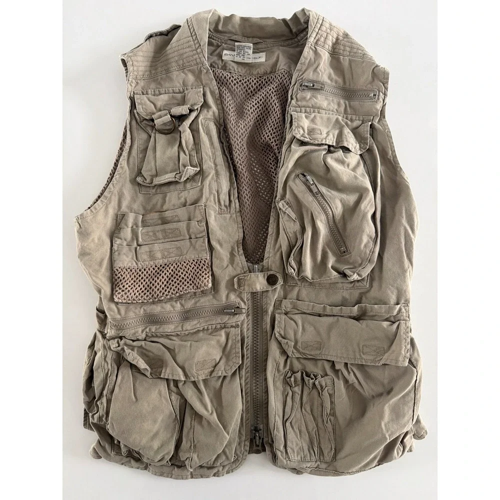 Vintage Banana Republic Safari Travel Vest Tan Multi-Pocket Utility Mens XS